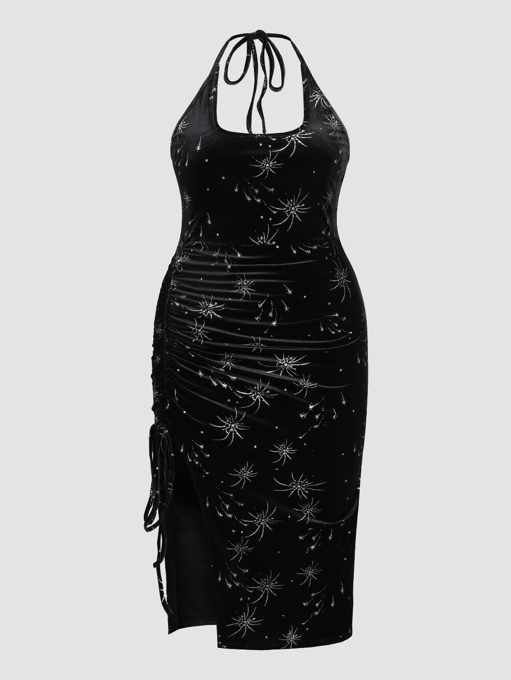 🌵 Cider Halter Stretch Velvet Midi Dress with Silver Starburst Print 🌵